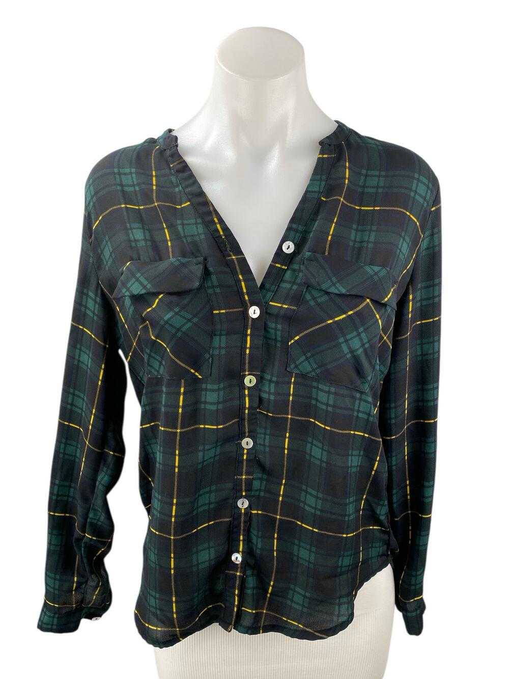 Alice Blue Women's Green Check Plaid Flannel Long Sleeve Button Up Shirt Top XS
